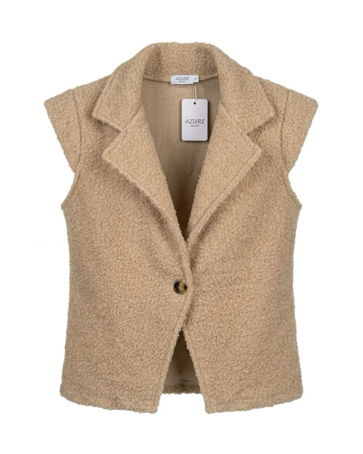 Azuri bouclé gilet met grote kraag, kleine kapmouwtjes en één knoopsluiting, verkrijgbaar bij Marijke Mode.