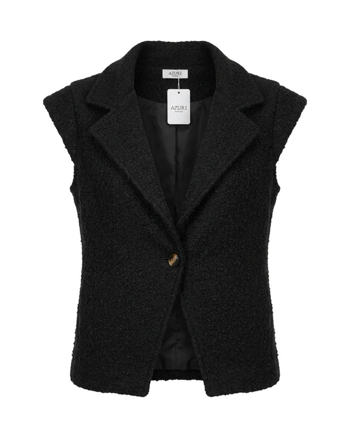 Azuri bouclé gilet met grote kraag, kleine kapmouwtjes en één knoopsluiting, verkrijgbaar bij Marijke Mode.