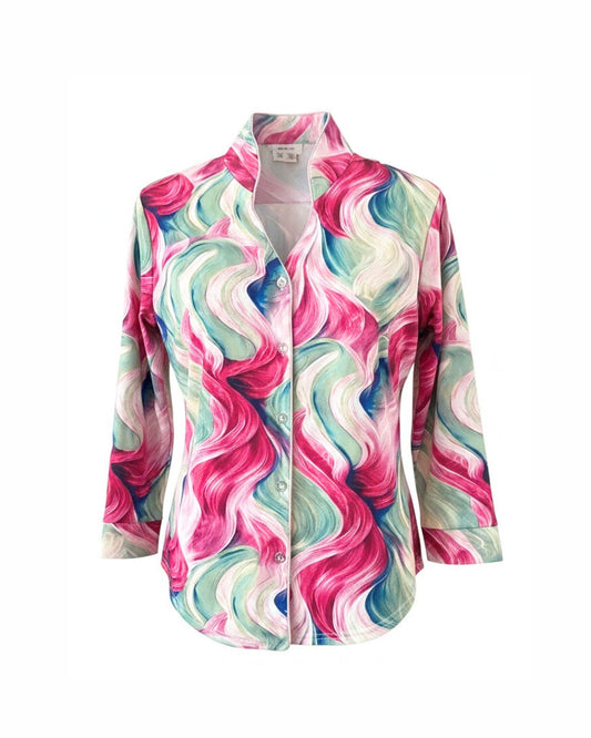 Casual blouse met ruime kraag en split middenvoor in frisse voorjaarstinten – verkocht door Marijke Mode