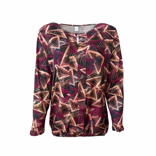 Dames blouson shirt met lange mouwen in trendy herfstkleur, ronde hals en soepel vallende viscose mix – Marijke Mode najaarscollectie 2025.