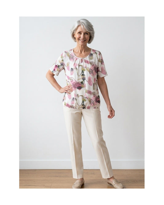 Blouson Shirt Elastiek Bloem Roze Groen