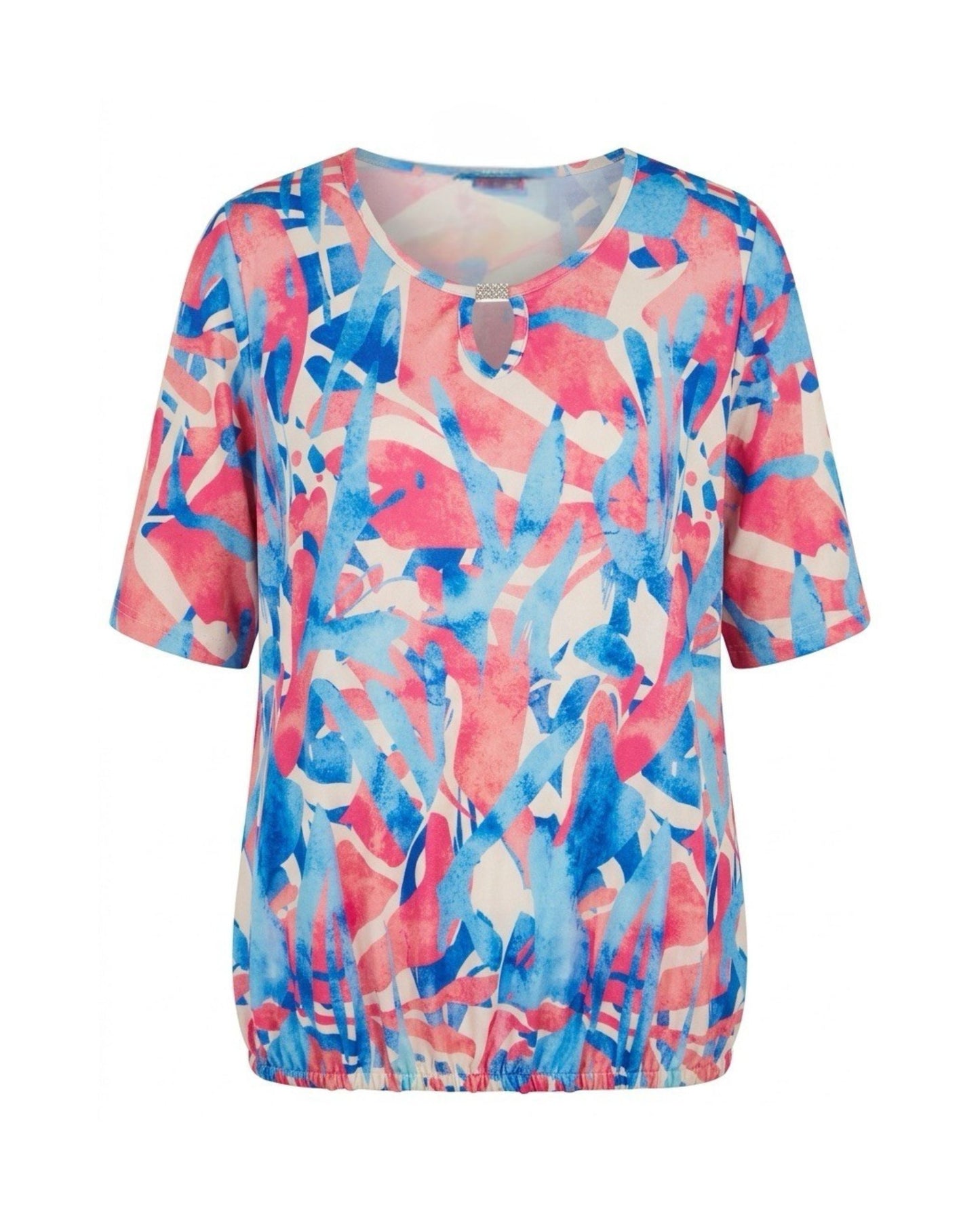 shirt met ronde hals en elastiek. verkrijgbaar bij marijke mode