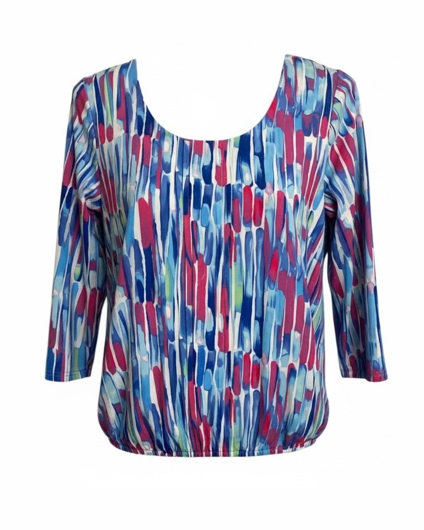 Blouson shirt met geplooide baan en driekwart mouwen in zachte viscose stof verkocht door Marijke Mode