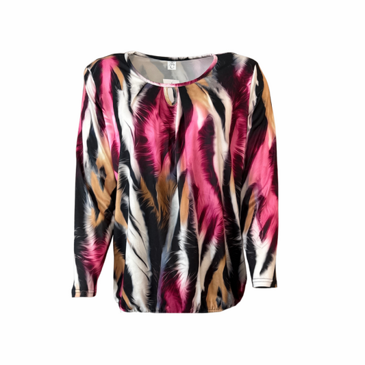 Dames blouson shirt met lange mouwen in trendy herfstkleur, ronde hals en soepel vallende viscose mix – Marijke Mode najaarscollectie 2025.