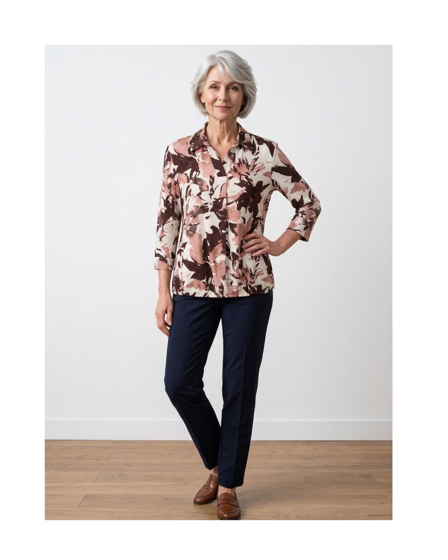 Blouson Poloshirt 3/4 Mouw – Bloem Oudroze Bruin