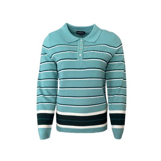Cashmere Feeling damestrui met polo kraag – zachte breisel trui in zeegroen, donkergroen en wit met streepdessin, knopen en brede boord."
