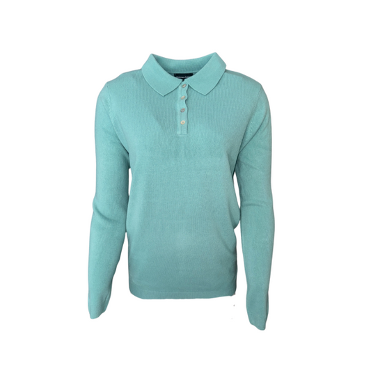 Cashmere Feeling polo kraagtrui – zachte damestrui met streepdessin in zeegroen en wit. Comfortabel, soepel en stijlvol voor het najaar."