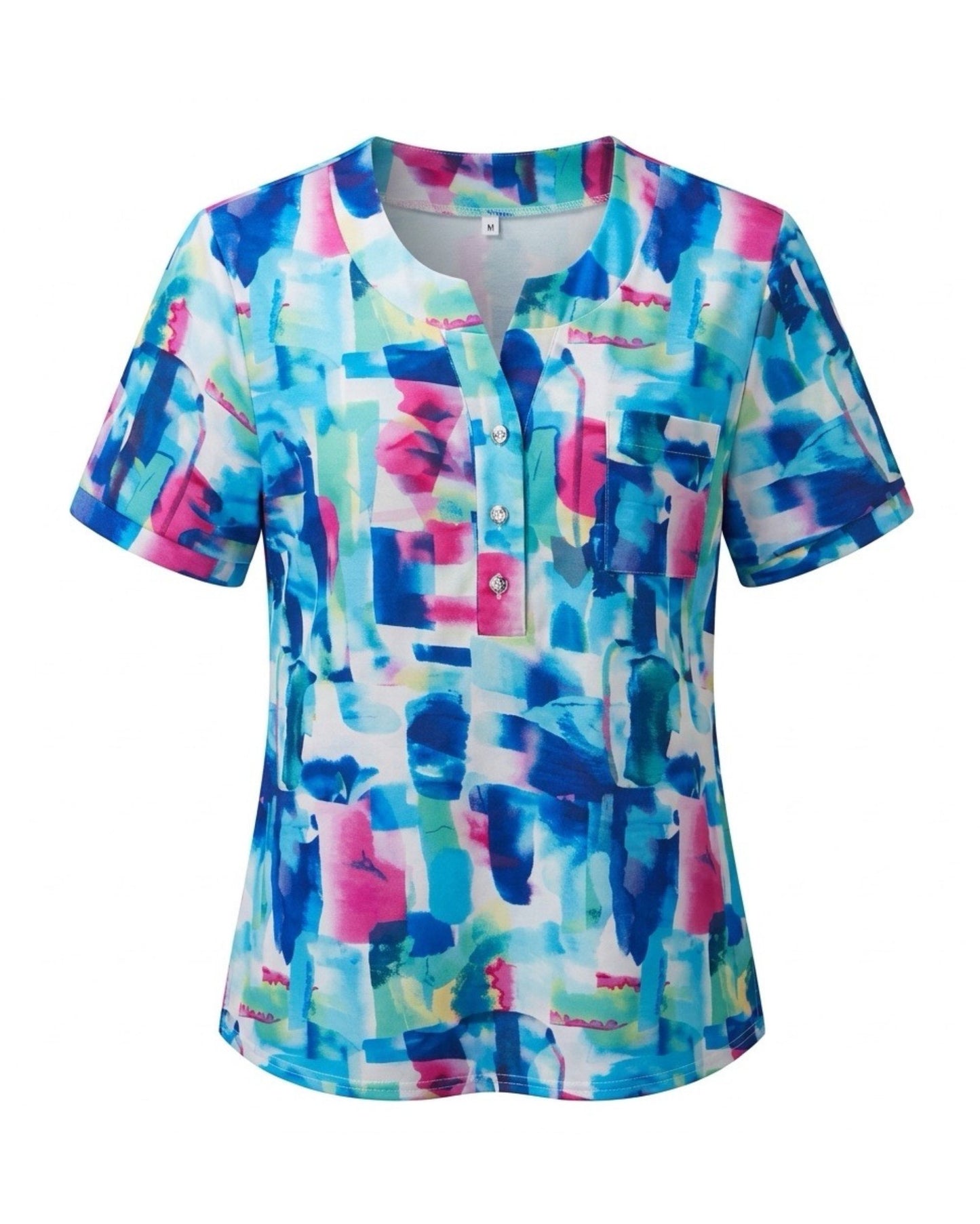Dames T-shirt met V-hals, sierknopen en borstzakje verkrijgbaar bij Marijke Mode.