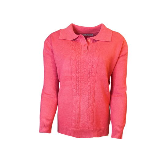 warme dames trui met kraag en stretch en knopen . kabel trui bij marijke mode