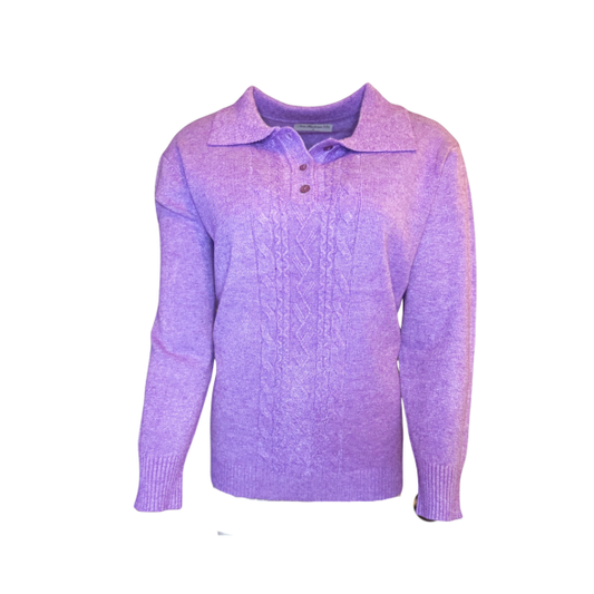 warme dames trui met kraag en stretch en knopen . kabel trui bij marijke mode