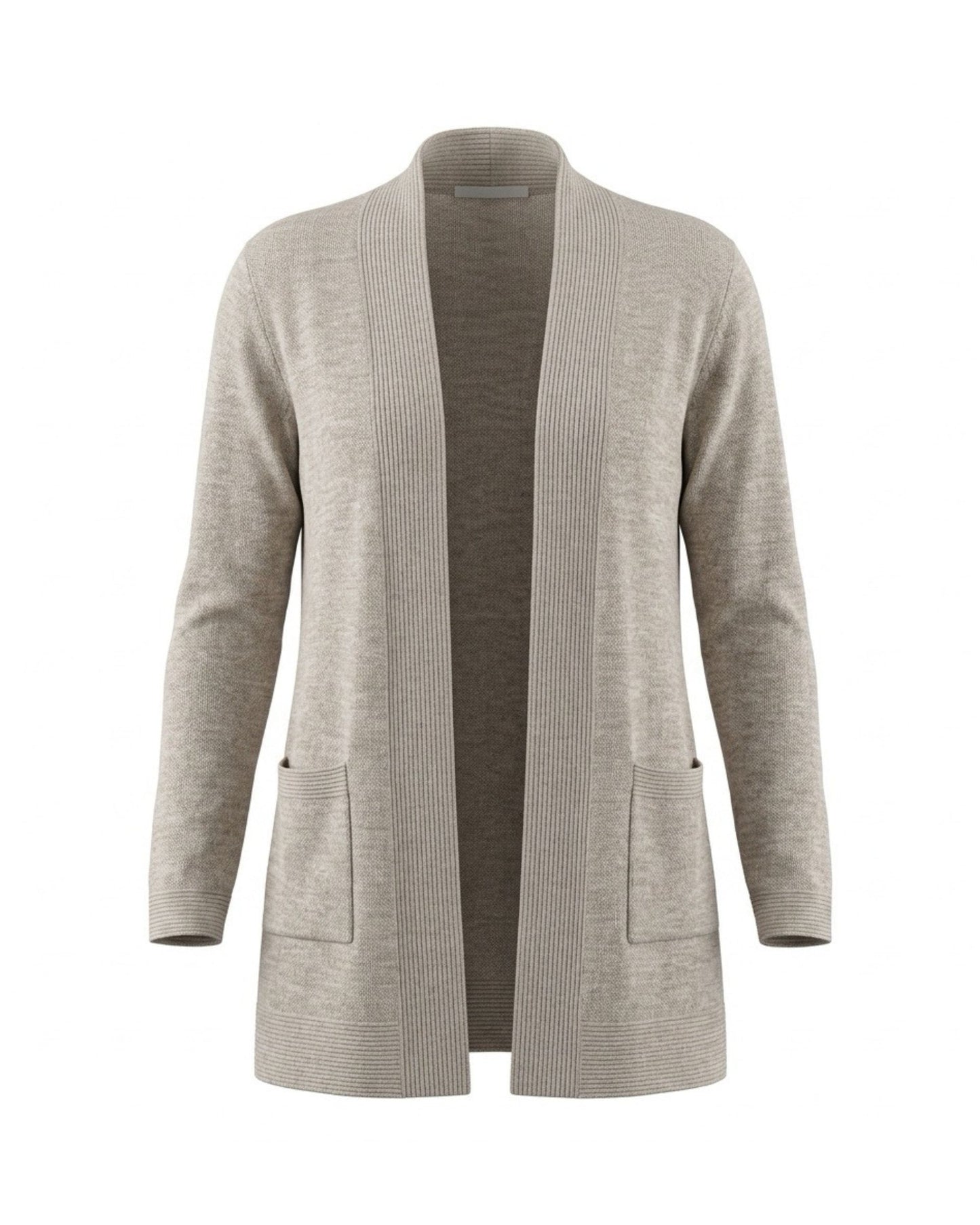 Langvallend Forever-vest met sjaalkraag en steekzakken, verkrijgbaar bij Marijke Mode