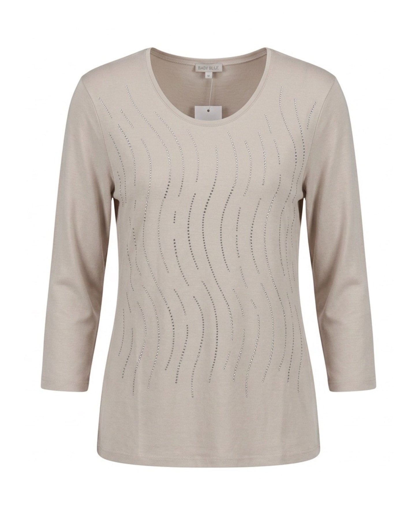 Stijlvol Gabriella K. shirt met ronde hals, driekwartmouwen en luxe strassteentjes. Comfortabele viscose stretchkwaliteit. Verkrijgbaar in zwart en beige bij Marijke Mode.