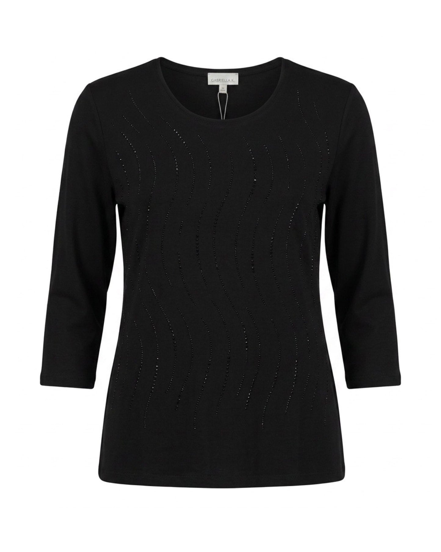 Gabriella K. luxe shirt met ronde hals, driekwartmouwen en strassteentjes in zwart of beige, verkrijgbaar bij Marijke Mode.
