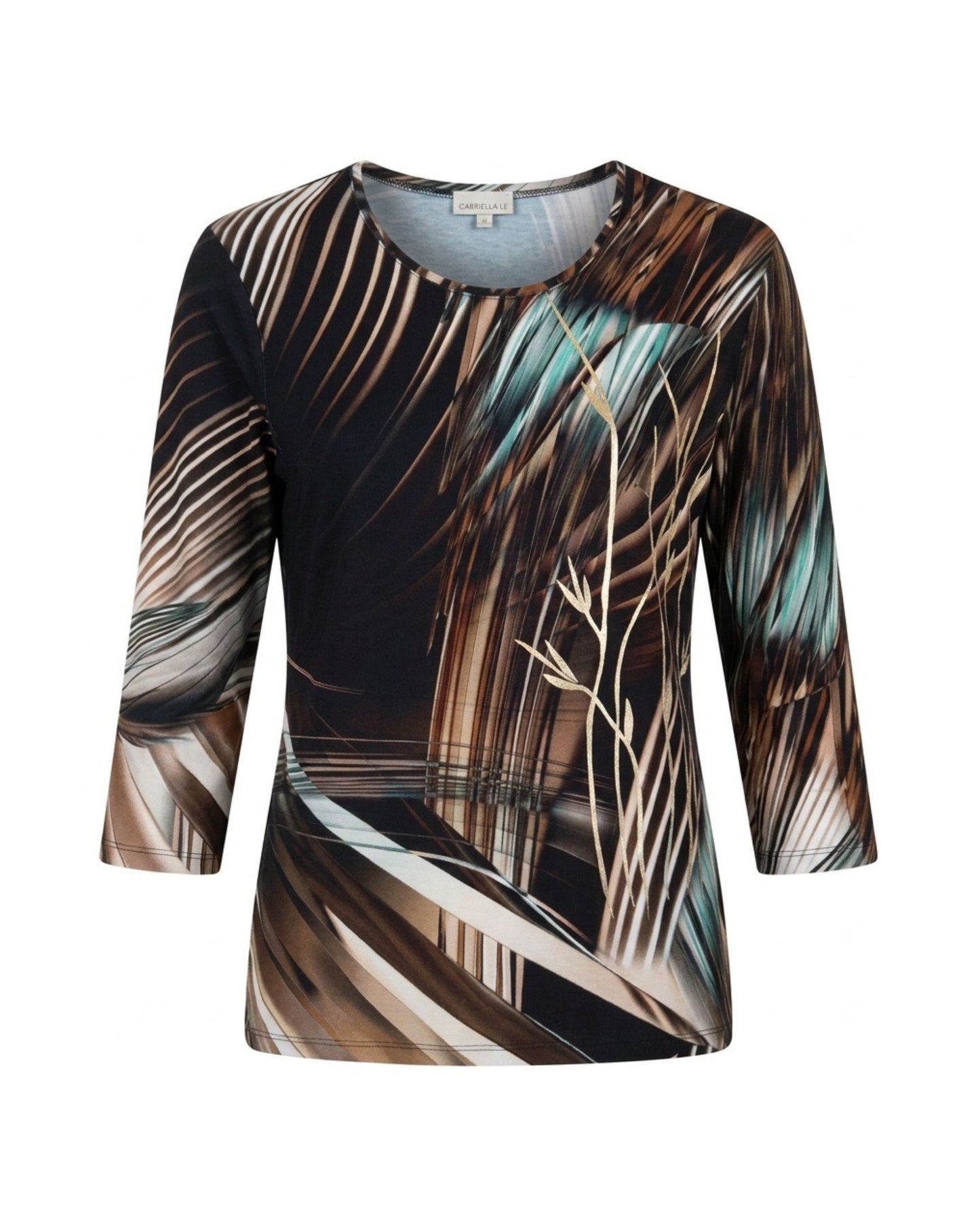 Gabriella K. shirt met ronde hals, lange mouwen en luxe bladprint in zwart, bruin, goud en groen, verkrijgbaar bij Marijke Mode.