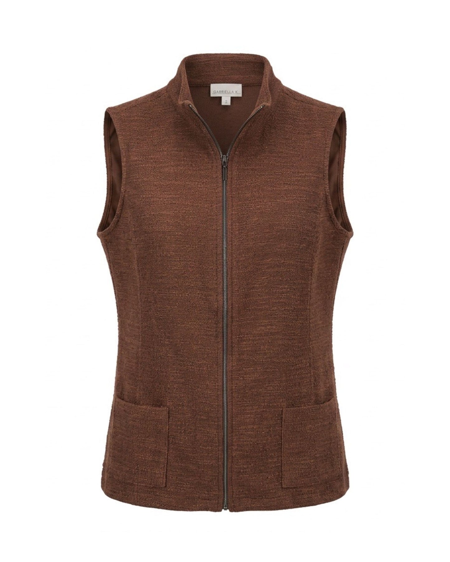 Gabriella K sportief damesgilet met opstaande kraag, ritssluiting en zakken, verkrijgbaar in donkerblauw, zwart en bruin melé bij Marijke Mode.