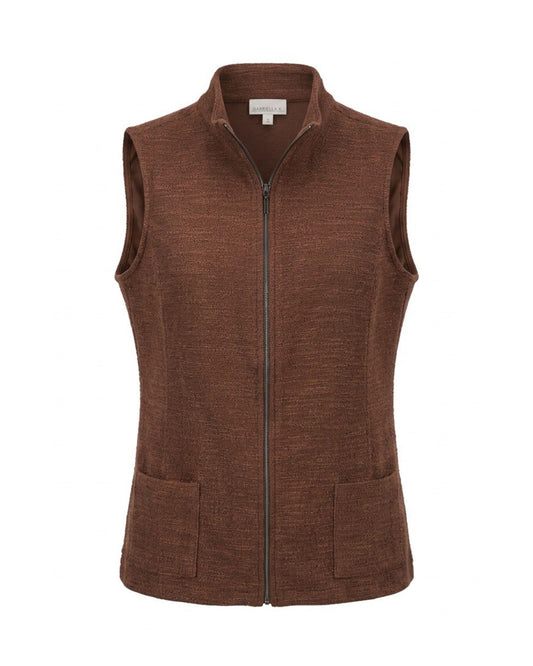 Gabriella K sportief damesgilet met opstaande kraag, ritssluiting en zakken, verkrijgbaar in donkerblauw, zwart en bruin melé bij Marijke Mode.