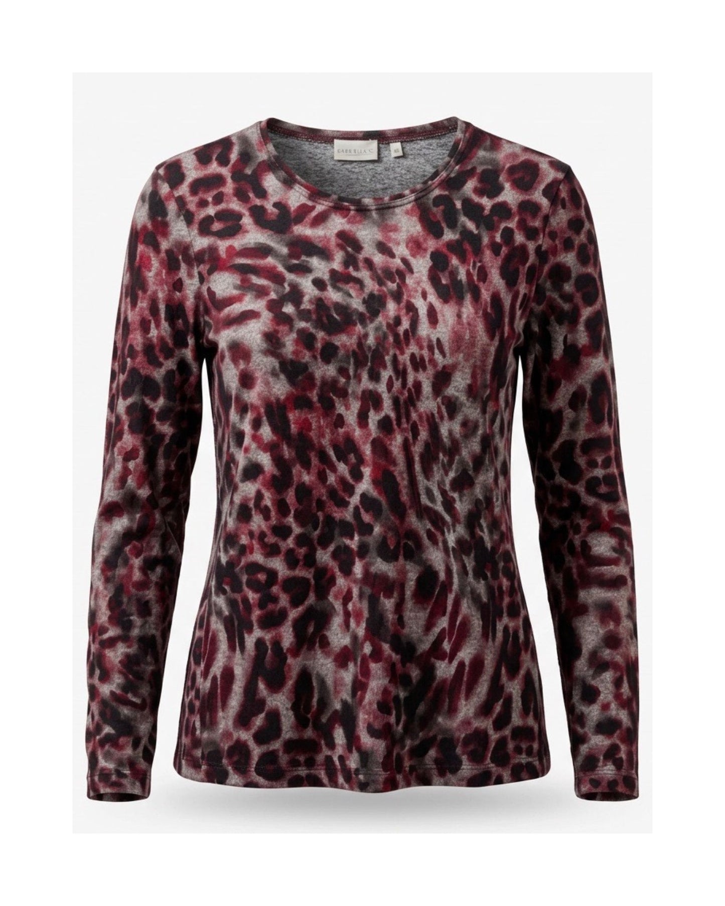 Gabrielle K. jersey shirt met dierenprint en lange mouwen in kobaltblauw of bordeauxrood, verkrijgbaar bij Marijke Mode.