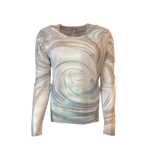 Gabriella K damestrui met ronde hals en subtiele strass-details – zacht viscose truitje met hoog draagcomfort verkrijgbaar bij Marijke Mode.