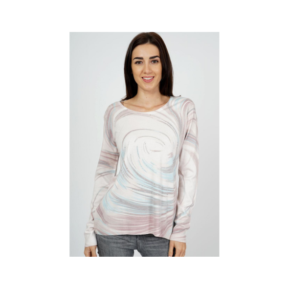 Gabriella K damestrui met ronde hals en subtiele strass-details – zacht viscose truitje met hoog draagcomfort verkrijgbaar bij Marijke Mode.