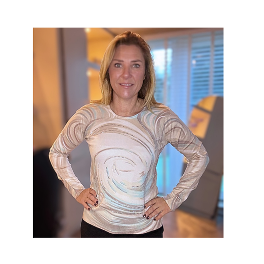 Gabriella K damestrui met ronde hals en subtiele strass-details – zacht viscose truitje met hoog draagcomfort verkrijgbaar bij Marijke Mode.