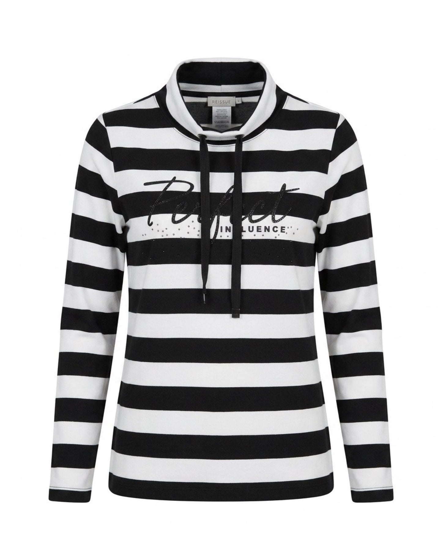 Gabrielle K. shirt met zwart-off-white streepdessin, turtleneck, glitterveterkoord en tekstprint, verkrijgbaar bij Marijke Mode.
