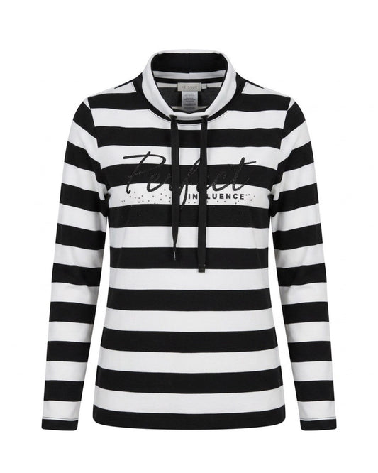 Gabrielle K. shirt met zwart-off-white streepdessin, turtleneck, glitterveterkoord en tekstprint, verkrijgbaar bij Marijke Mode.
