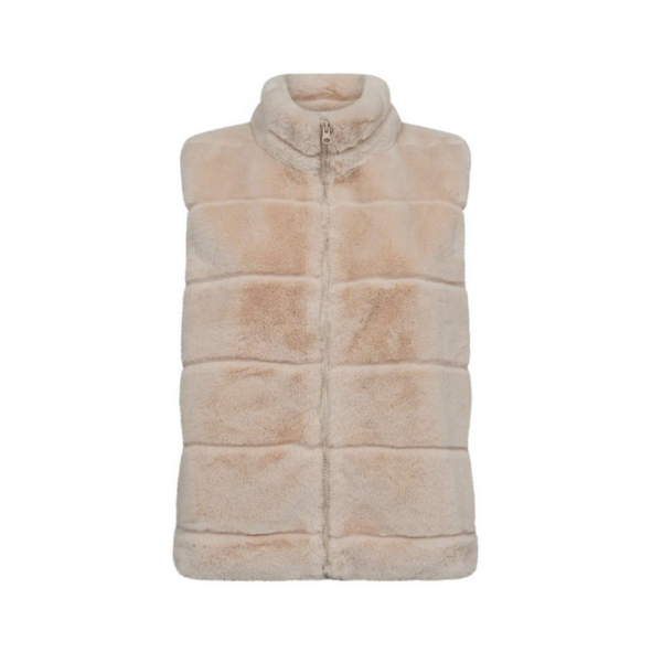 Beige vegan fur bodywarmer – zachte imitatiebont bodywarmer met ritssluiting en steekzakken, verkrijgbaar bij Marijke Mode.