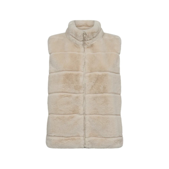 Beige vegan fur bodywarmer – zachte imitatiebont bodywarmer met ritssluiting en steekzakken, verkrijgbaar bij Marijke Mode.