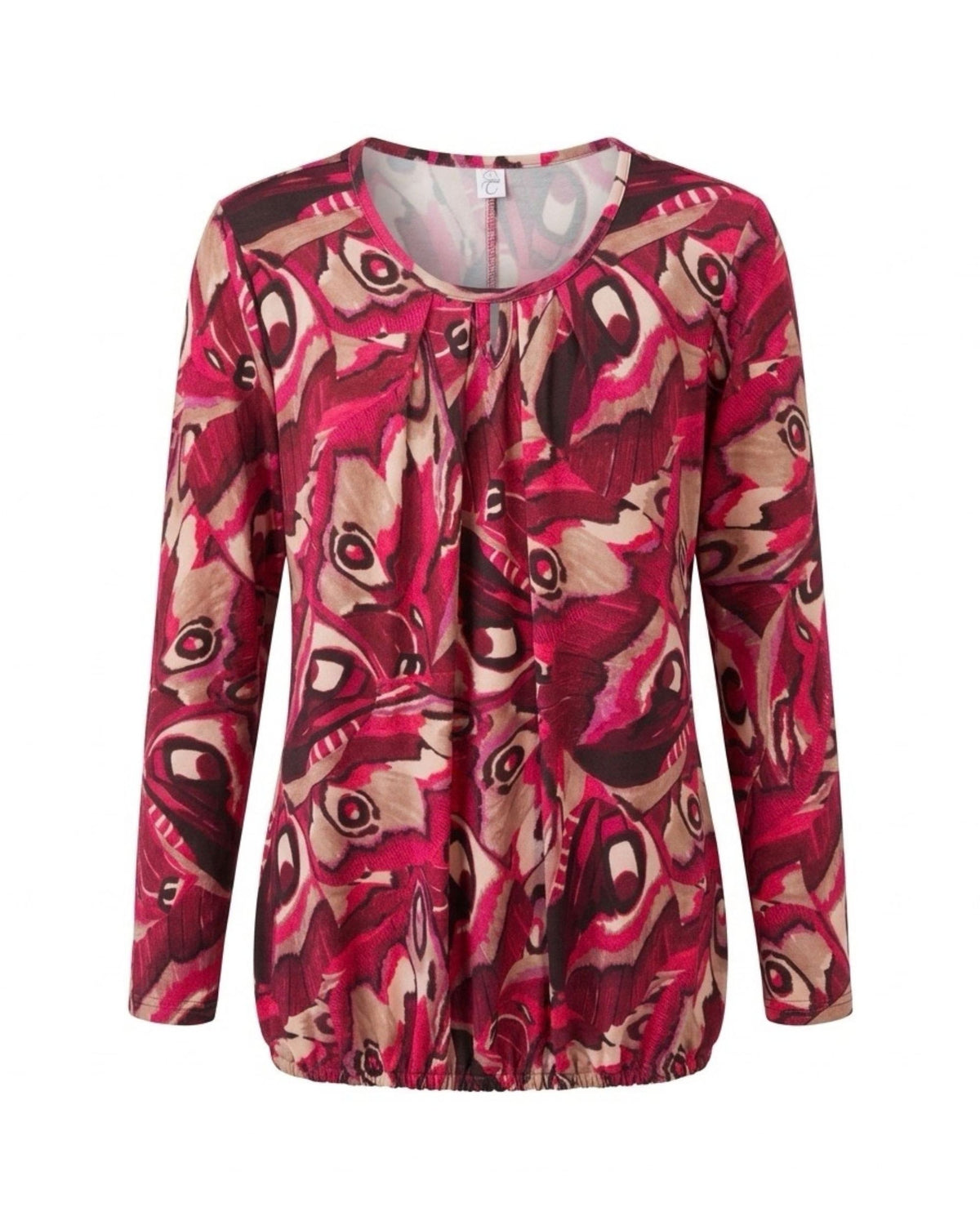 Blousonshirt in warme kwaliteit met lange mouwen, ronde hals met O-detail en elastiek aan de onderkant, verkrijgbaar bij Marijke Mode.