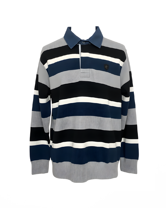 Herentrui Met Denim Polokraag Streep Antraciet Kobaltblauw