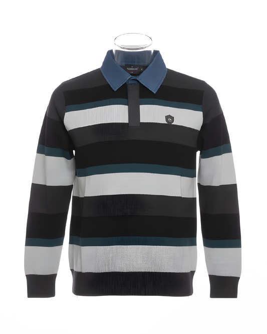 Herentrui met polokraag en denimlook kraag uit de nieuwe collectie – verkocht door Marijke Mode