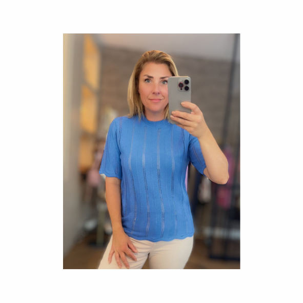 Kobaltblauw Tricot Top met Opengewerkt Motief