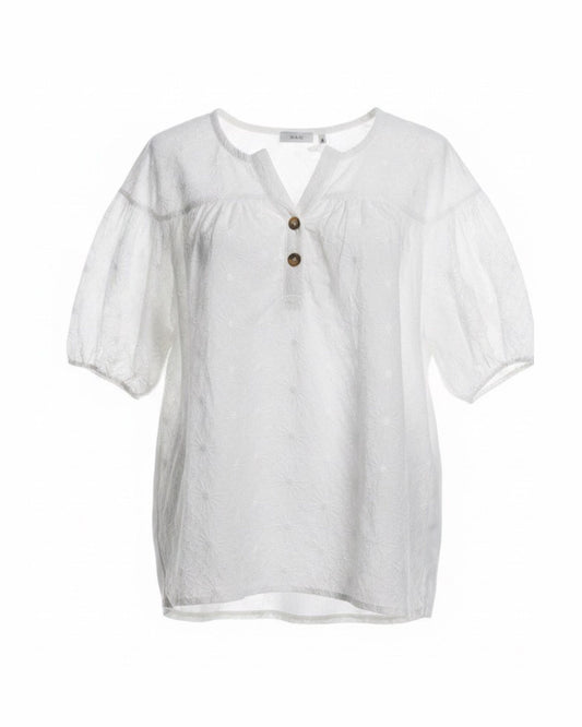 MXO wit tuniekje van katoen met broderie, ronde hals en korte pofmouwen bij marijke mode