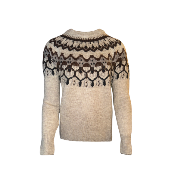 Warme wintertrui van MXO in beige en donkerbruin. Met ronde hals, brede gestreepte band aan de onderzijde en aangesloten pasvorm. Valt iets kleiner.