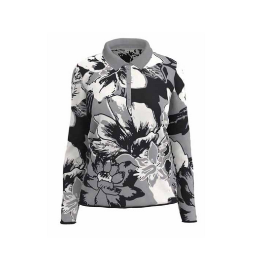 Stijlvolle MXO trui met kraag, knopen en bloemenprint voor- en achterzijde. Ruglengte vanaf 64 cm. Verkrijgbaar in twee kleuren bij Marijke Mode.