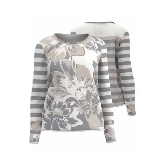 MXO damestrui met ronde hals, strepen en bloemenprint in zachte viscose-katoen kwaliteit – verkrijgbaar in grijs en zwart-wit bij Marijke-Mode.
