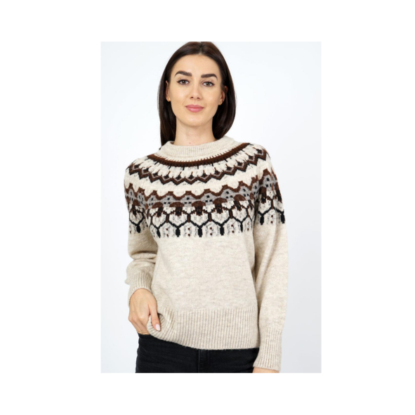 Warme wintertrui van MXO in beige en donkerbruin. Met ronde hals, brede gestreepte band aan de onderzijde en aangesloten pasvorm. Valt iets kleiner.