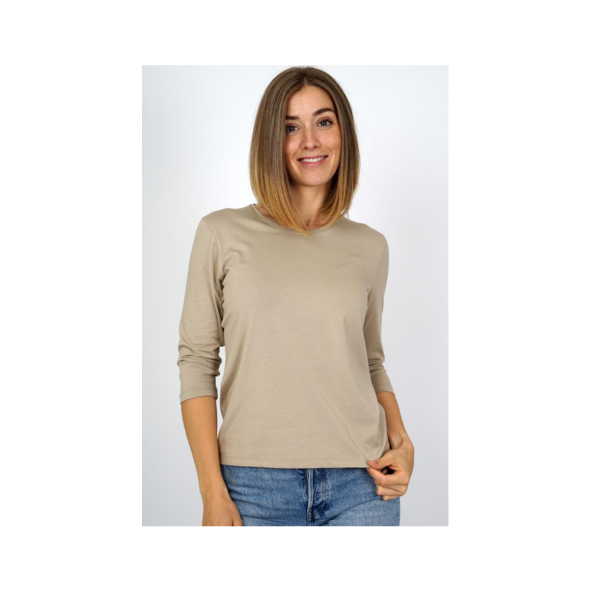 Marinello basic dames T-shirt met ronde hals en ¾ mouwen – katoen-modaal stretch, verkrijgbaar in wit, zwart, beige en donkerblauw. Verkrijgbaar bij Marijke Mode.