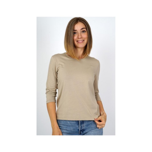 Marinello basic dames T-shirt met ronde hals en ¾ mouwen – katoen-modaal stretch, verkrijgbaar in wit, zwart, beige en donkerblauw. Verkrijgbaar bij Marijke Mode.