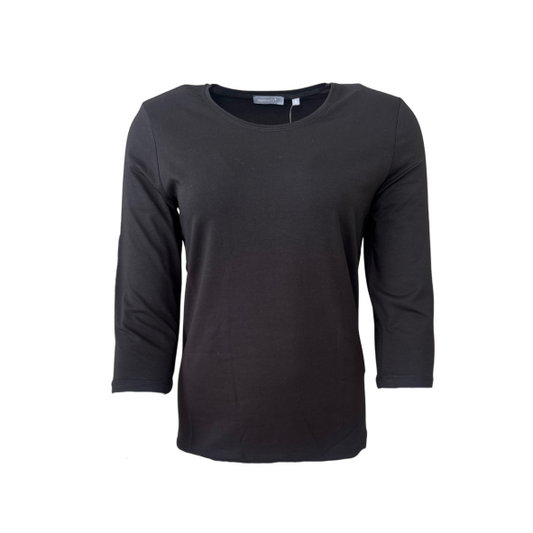 Marinello basic dames T-shirt met ronde hals en ¾ mouwen – katoen-modaal stretch, verkrijgbaar in wit, zwart, beige en donkerblauw. Verkrijgbaar bij Marijke Mode.