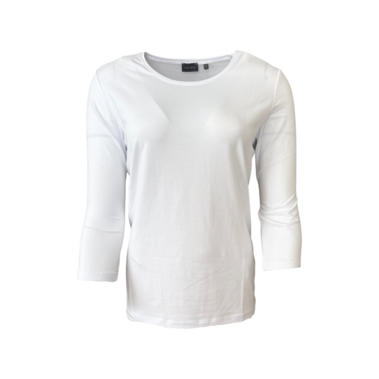 Marinello basic dames T-shirt met ronde hals en ¾ mouwen – katoen-modaal stretch, verkrijgbaar in wit, zwart, beige en donkerblauw. Verkrijgbaar bij Marijke Mode.