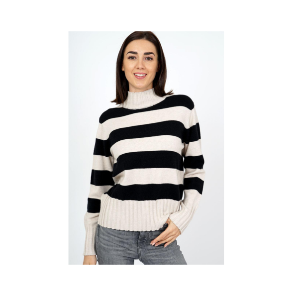 Marinello sportieve coltrui in beige met zwarte streep, aangesloten col en zachte viscosemix – verkrijgbaar bij Marijke-Mode.