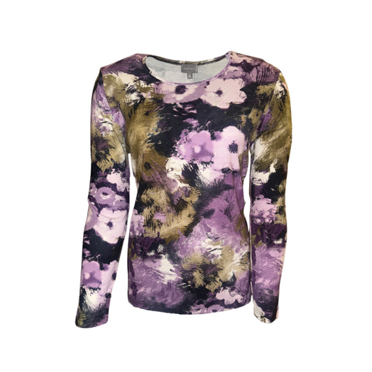 Marinello T-shirt lange mouwen met ronde hals – damesmode bij Marijke Mode, bloemenprint in paars, lila en groen, recht model met comfortabele pasvorm.