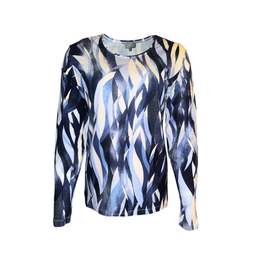 Marinello T-shirt lange mouwen met ronde hals – damesmode bij Marijke Mode, strependessin in donkerblauw, raffblauw en wit, comfortabele pasvorm