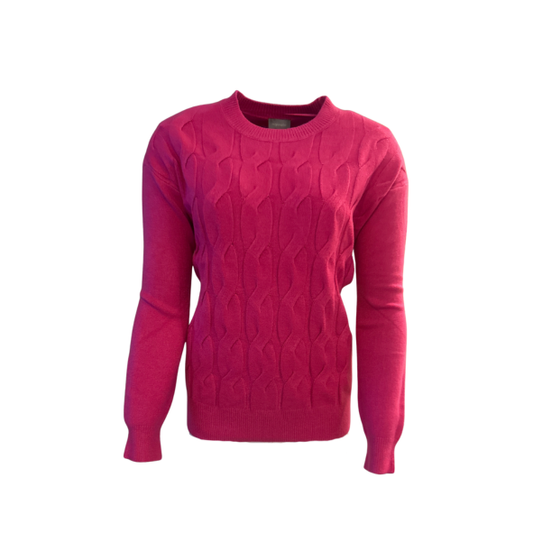 Marinello damestrui met kabelpatroon en ronde hals, zachte warme kwaliteit in radblauw, fuchsia en beige – Marijke Mode.