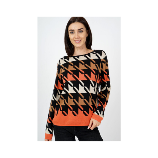 MXO sportieve damestrui met ronde hals en zwarte boord in oranje, zwart, beige en bruin – zachte fijngebreide kwaliteit bij Marijke-Mode.