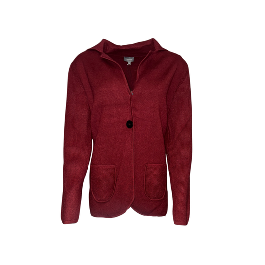 Marinello damesvest met kraag, één knoop en zakjes met streepdetail in zachte viscosemix – verkrijgbaar in beige, donkerblauw en burgundy bij Marijke-Mode..