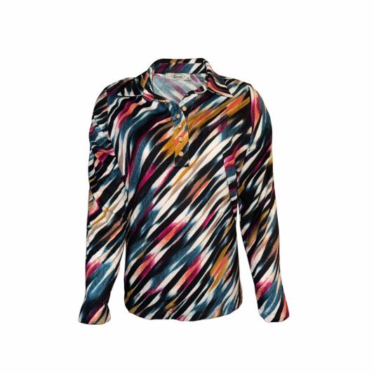 Poloshirt ‘Poppy’ van Sensia Fashion met kleurrijke print, knoopsluiting en kraag, warme zachte stof met stretch.bij Marijke Mode