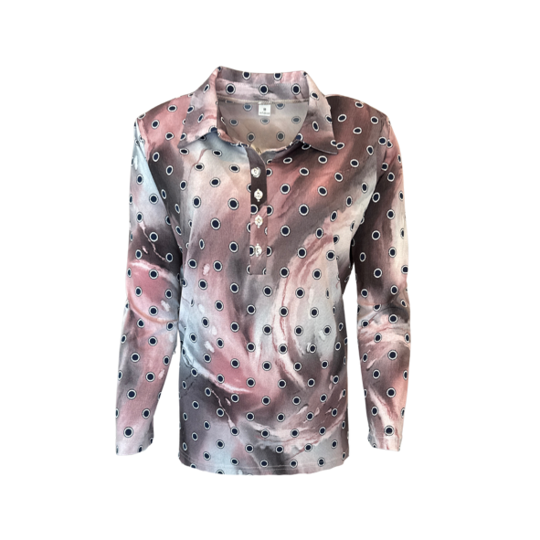 Polo shirt met lange mouw in oudroze met grijsblauw kleurverloop en donkerblauwe cirkels, recht model met splitjes – verkrijgbaar bij Marijke Mode damesmode maten 38-52"