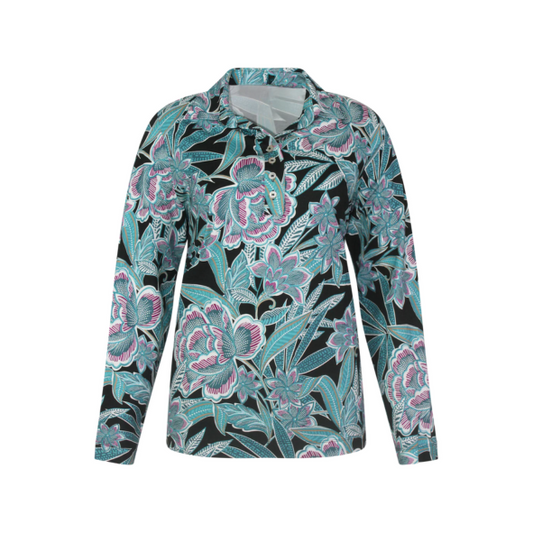 Sensia damespolo met bloemenprint in petrol en fuchsia, lange mouwen – verkrijgbaar bij Marijke Mode.